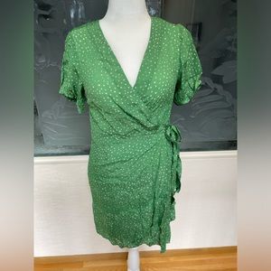 Anthropologie x Kachel Size 10 silk/viscose wrap dress, green polka dot size 10